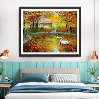 Cygne et Paysage d'Automne Broderie Diamant