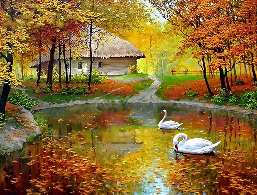 Cygne et Paysage d'Automne Broderie Diamant
