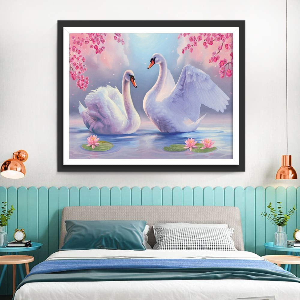 Cygnes Blancs et Lotus Broderie Diamant