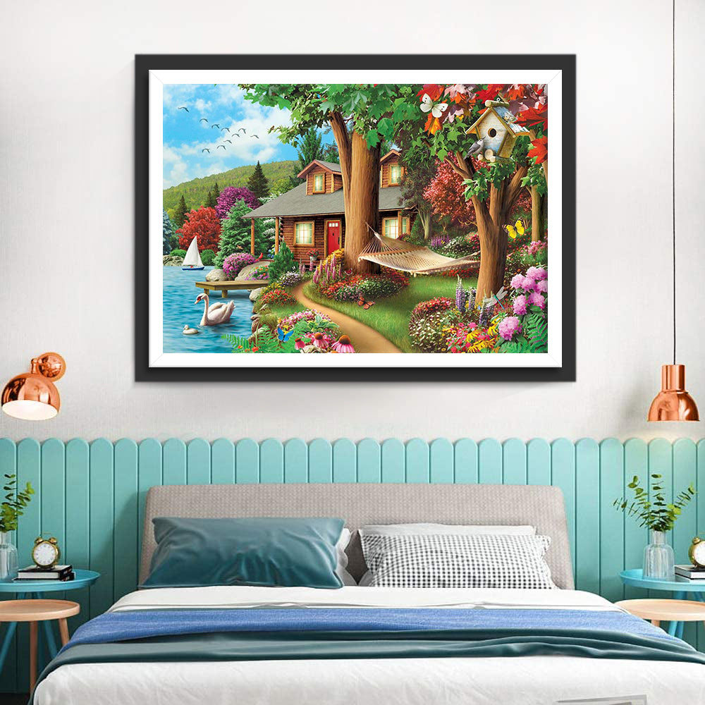 Cygnes et Chalet Broderie Diamant