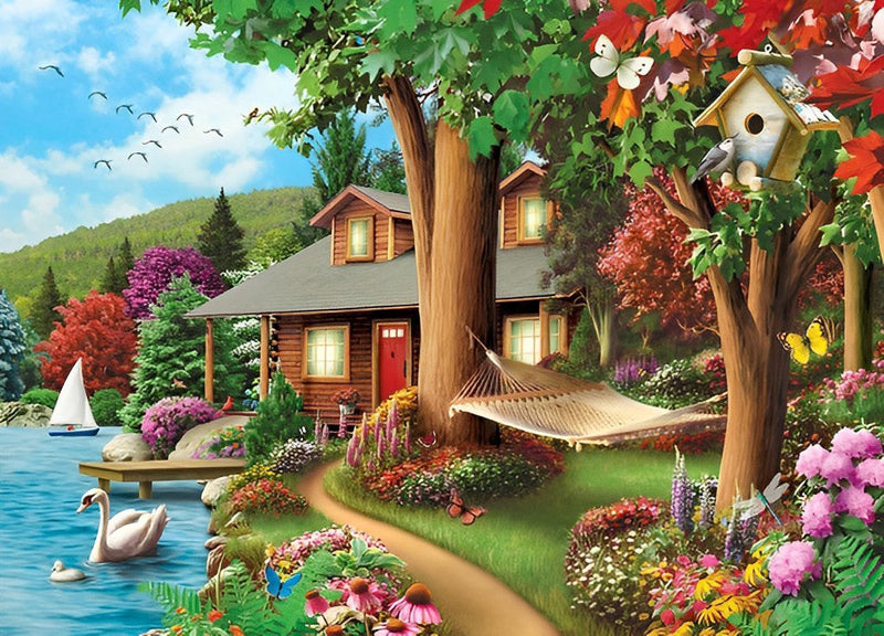 Cygnes et Chalet Broderie Diamant