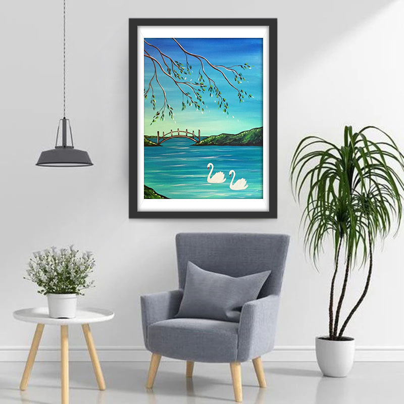 Cygnes et Petit Pont en Bois Broderie Diamant