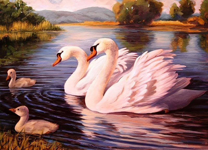 Cygnes Parents et Leurs Bébés Broderie Diamant