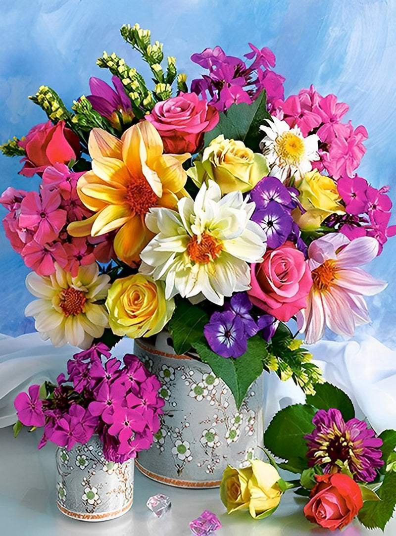 Dahlias et Roses Colorés Broderie Diamant