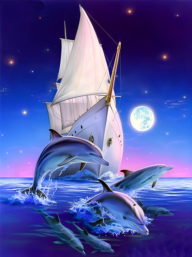 Dauphin et Bateau à Voile Broderie Diamant