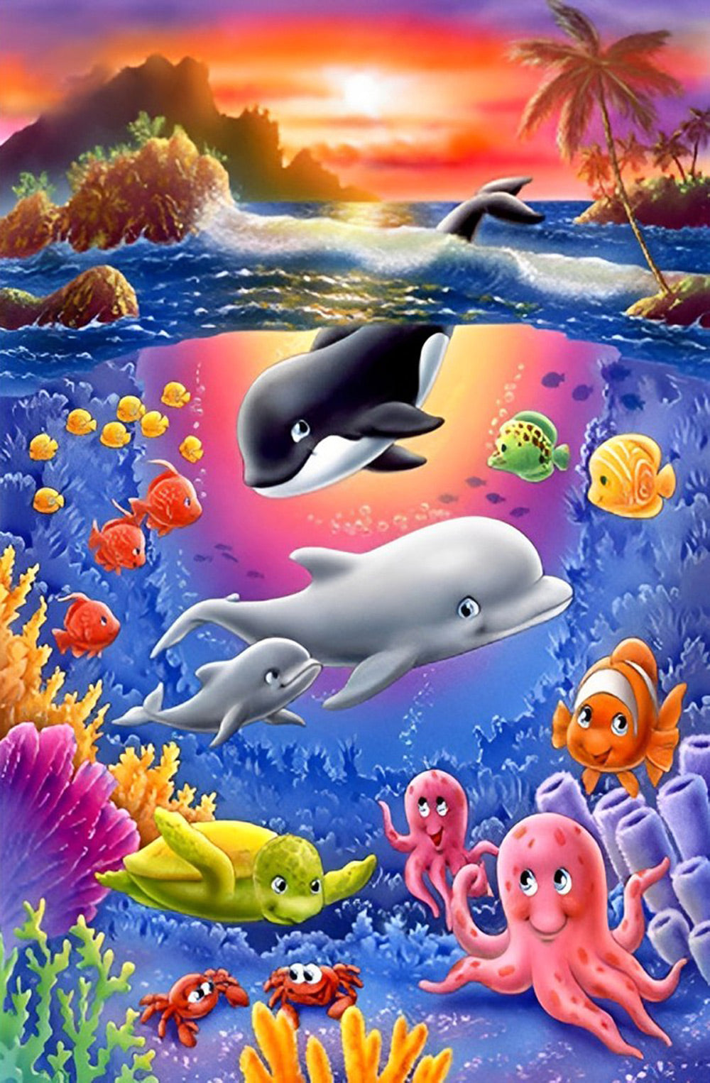 Dauphins et Baleine Cartoon Broderie Diamant
