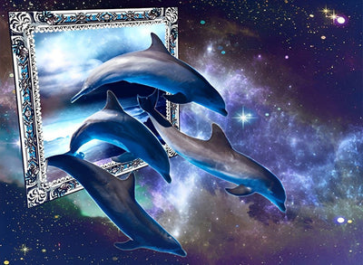 Dauphins et Cadre dans l'Espace Broderie Diamant