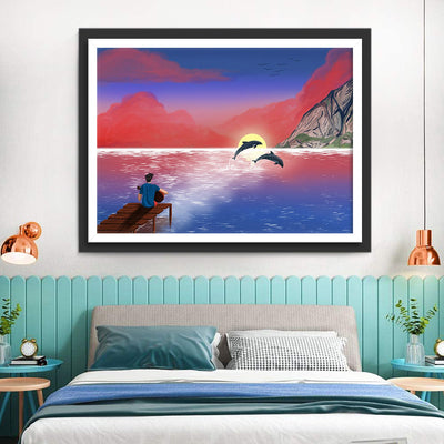 Dauphins et Homme Jouant de la Guitare Broderie Diamant