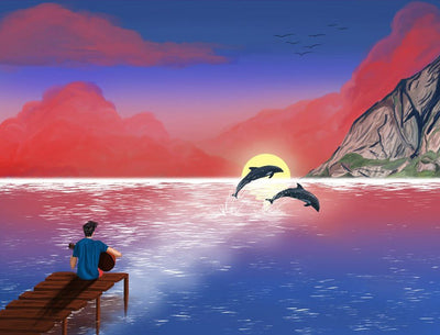 Dauphins et Homme Jouant de la Guitare Broderie Diamant
