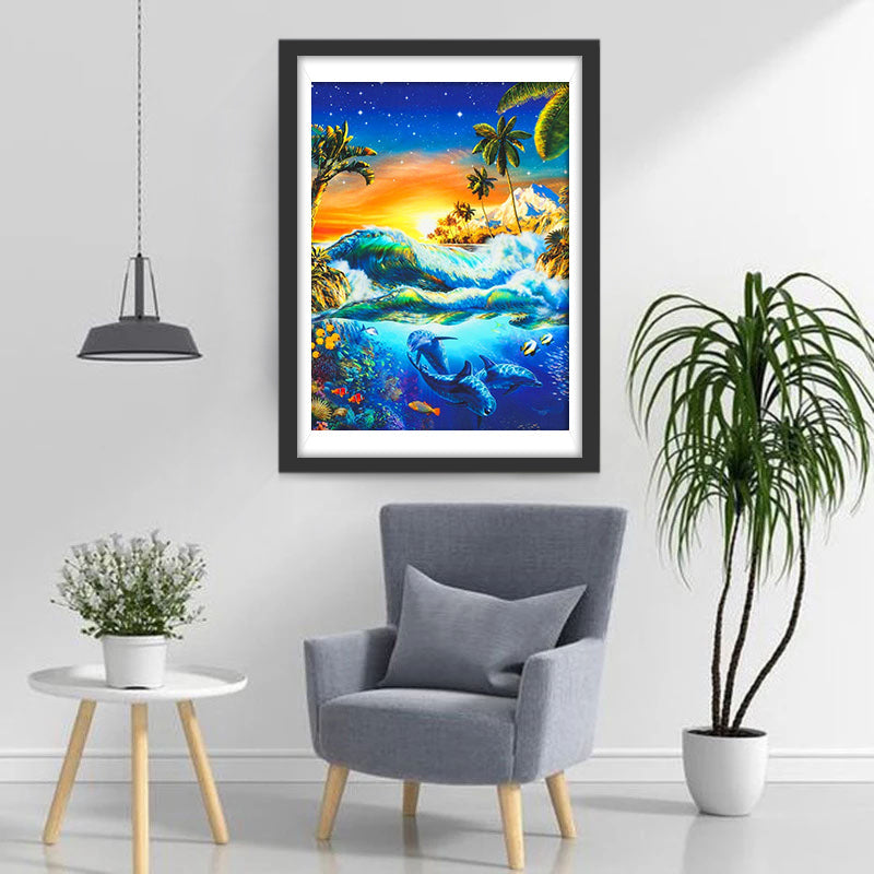 Dauphins et le Paysage de Fin d'Après-midi Broderie Diamant