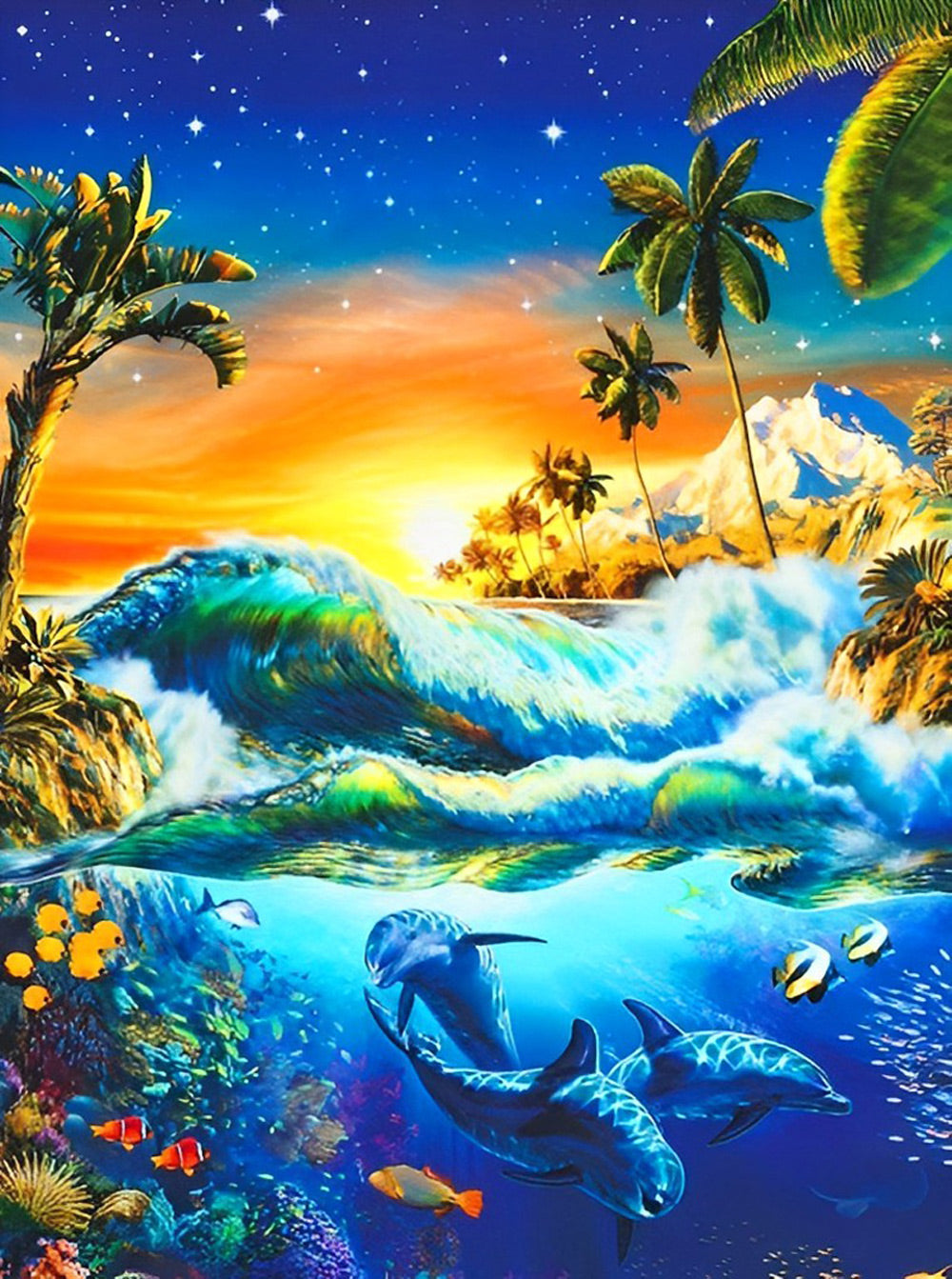 Dauphins et le Paysage de Fin d'Après-midi Broderie Diamant