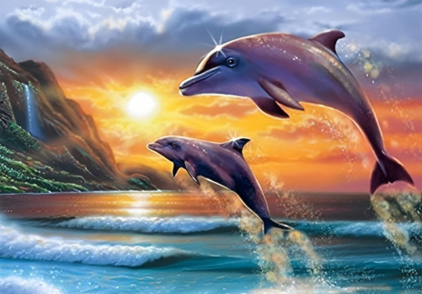 Dauphins et le Soleil Levant Broderie Diamant