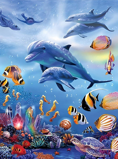 Dauphins et les Animaux Maritimes dans la Mer Broderie Diamant