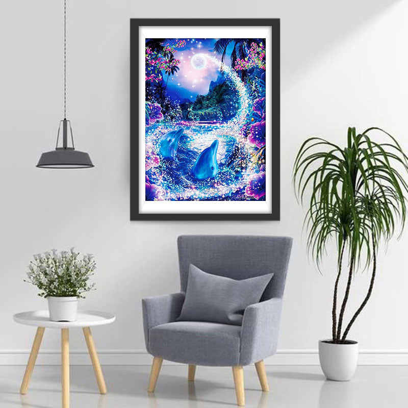 Dauphins et les Paysages Magnifiques Broderie Diamant