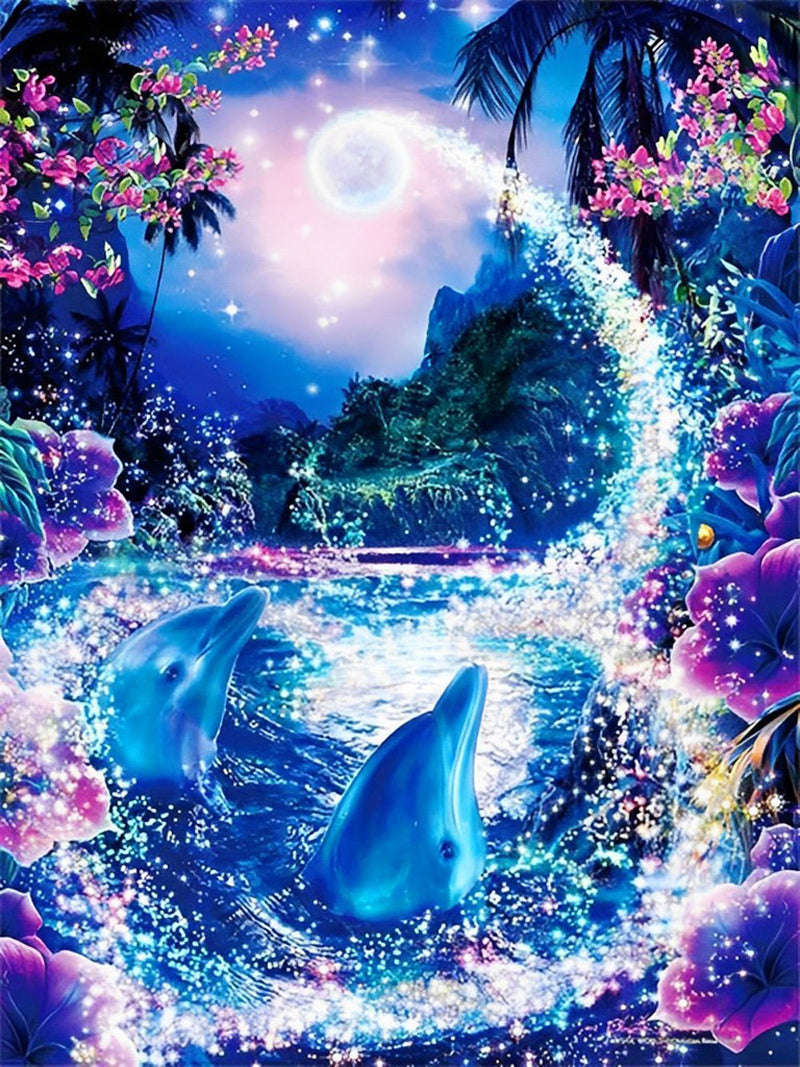 Dauphins et les Paysages Magnifiques Broderie Diamant