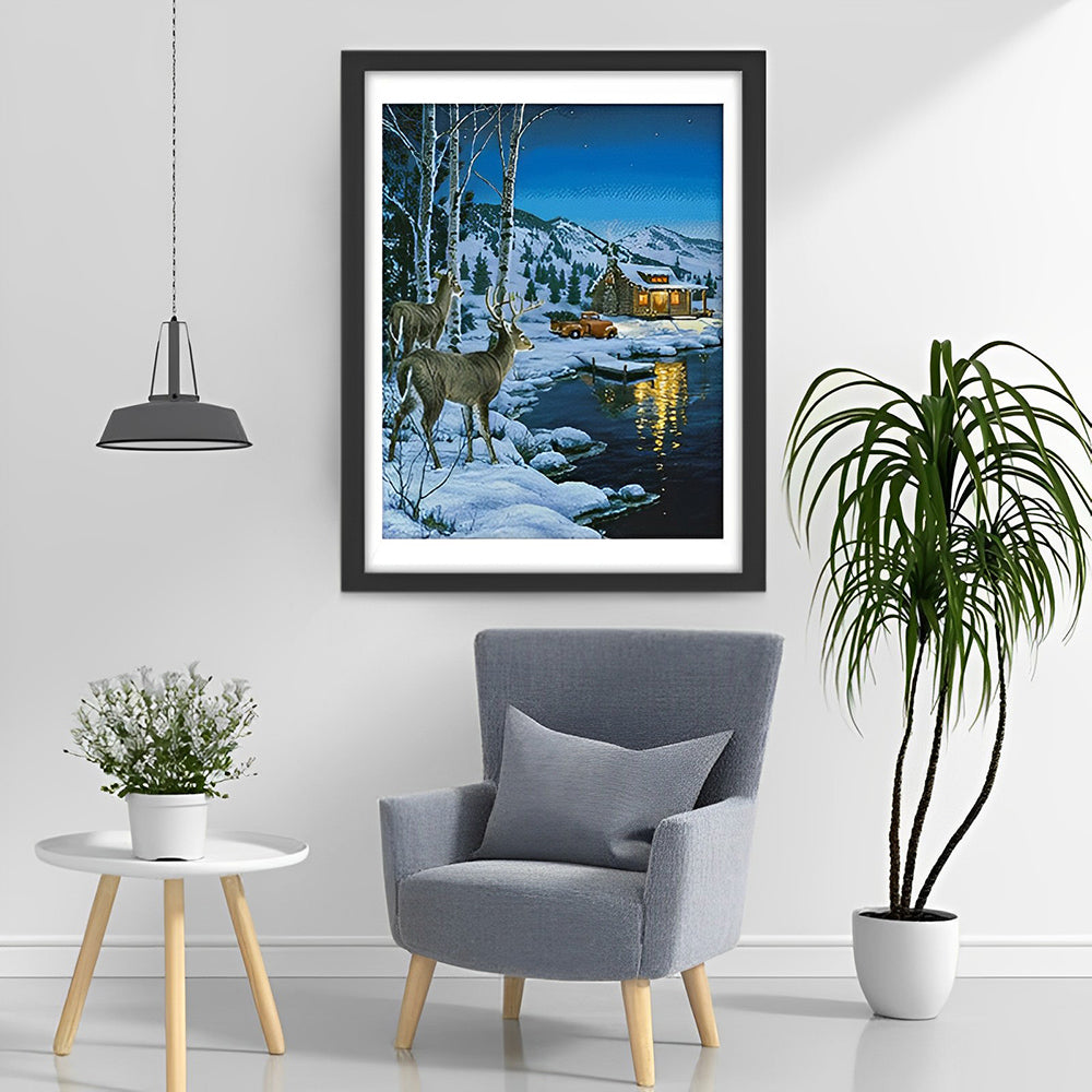Deux Cerfs et un Chalet Broderie Diamant