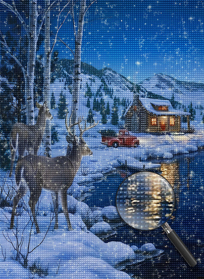 Deux Cerfs et un Chalet Broderie Diamant