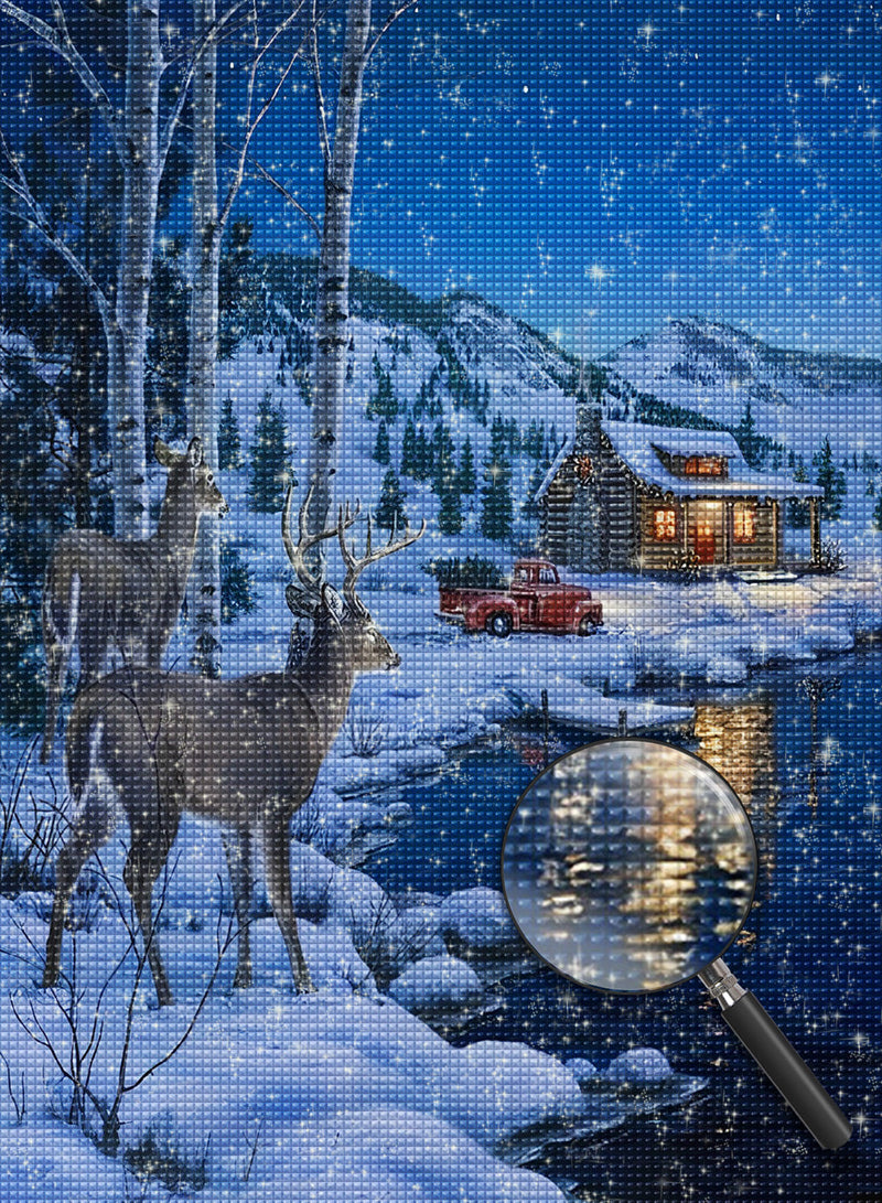 Deux Cerfs et un Chalet Broderie Diamant