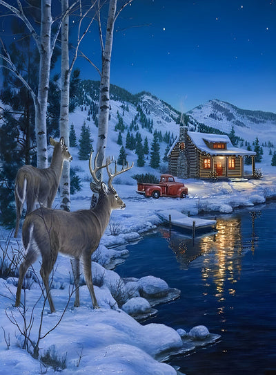 Deux Cerfs et un Chalet Broderie Diamant