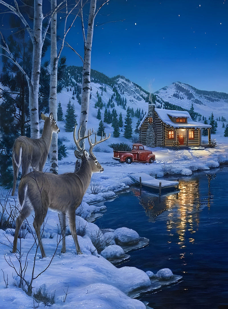 Deux Cerfs et un Chalet Broderie Diamant
