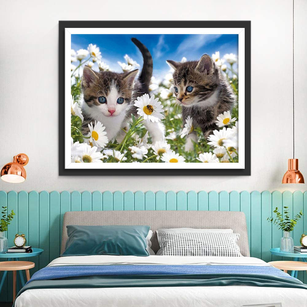 Deux Chatons et Marguerites Broderie Diamant