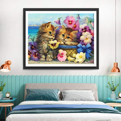 Deux Chatons Oranges et Belles Fleurs Broderie Diamant