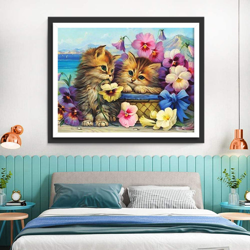 Deux Chatons Oranges et Belles Fleurs Broderie Diamant