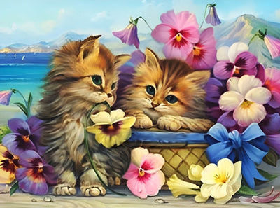 Deux Chatons Oranges et Belles Fleurs Broderie Diamant
