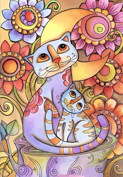 Deux Chats avec Tournesols Dessinés Broderie Diamant