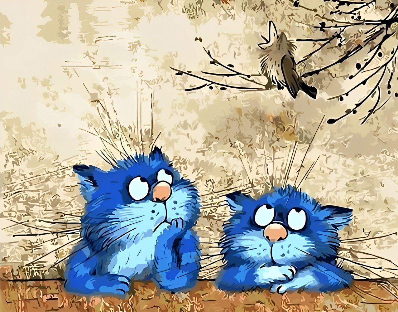 Deux Chats Bleu et Un Oiseau Broderie Diamant