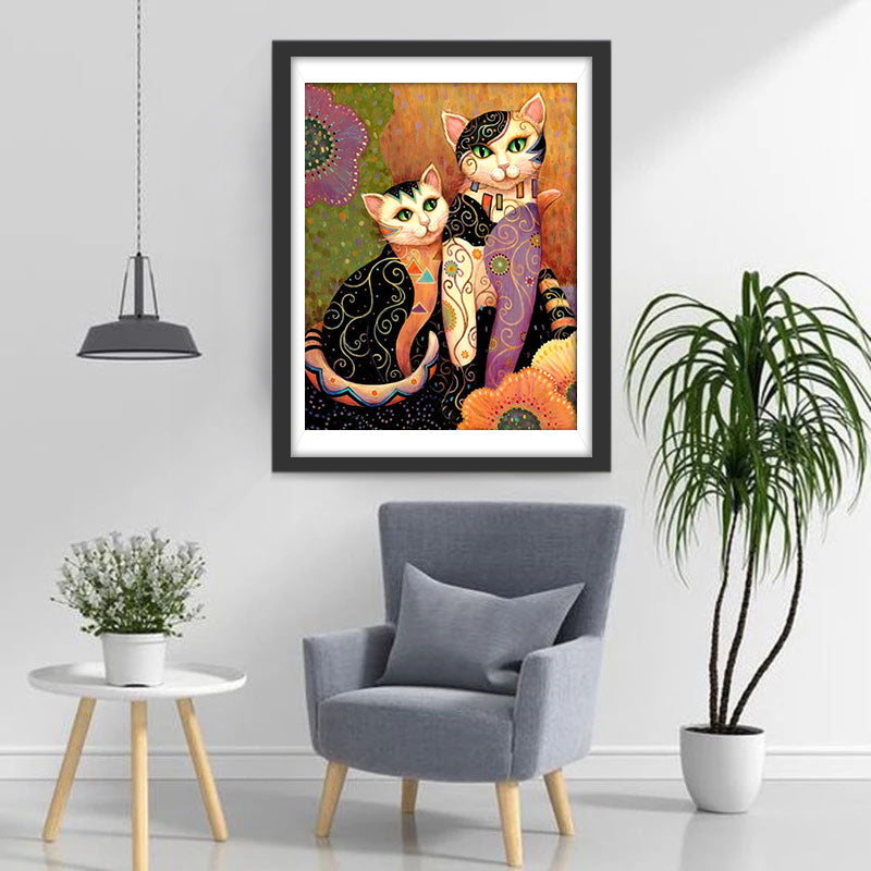 Chaton Regardant des Fleurs qui Tombent Broderie Diamant