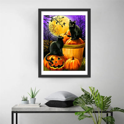 Deux Chats Noirs et Citrouilles Broderie Diamant