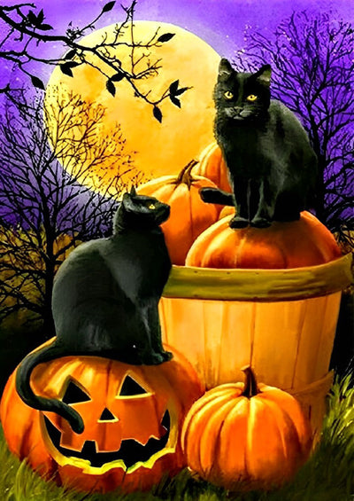Deux Chats Noirs et Citrouilles Broderie Diamant