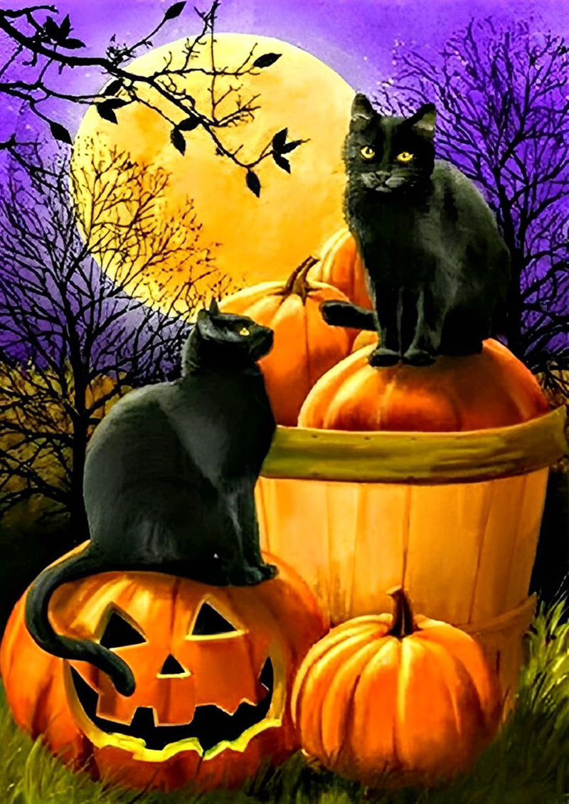 Deux Chats Noirs et Citrouilles Broderie Diamant