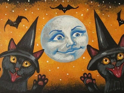 Deux Chats Noirs et la Lune au Visage Humain Broderie Diamant