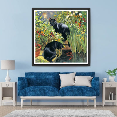 Deux Chats parmi les Fleurs Broderie Diamant