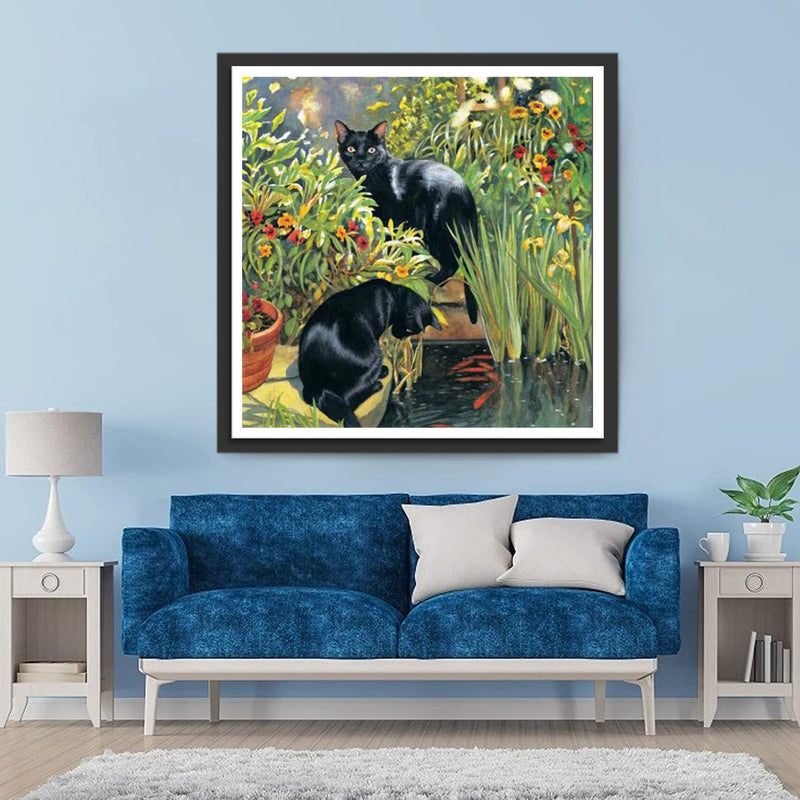 Deux Chats parmi les Fleurs Broderie Diamant