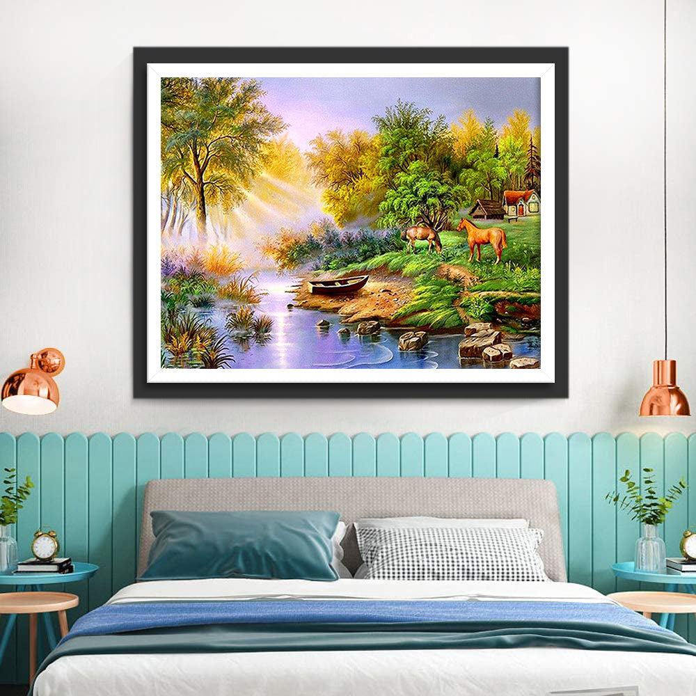 Deux Chevaux Mangeant de l'Herbe Broderie Diamant