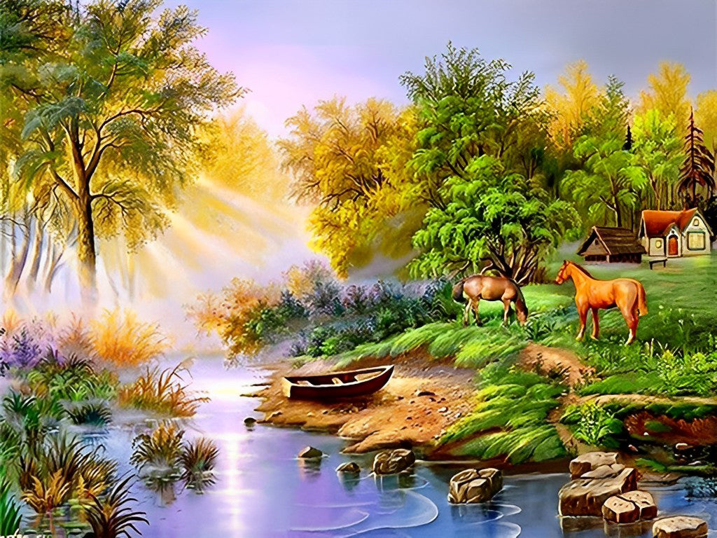 Deux Chevaux Mangeant de l'Herbe Broderie Diamant