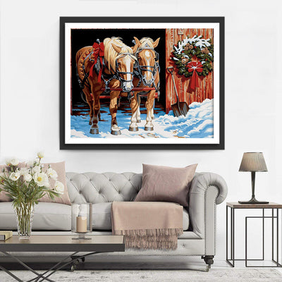 Deux Chevaux Tirant de Charrette de Noël Fête Broderie Diamant