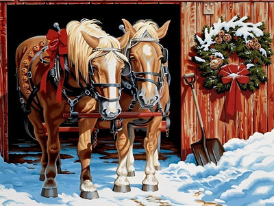 Deux Chevaux Tirant de Charrette de Noël Fête Broderie Diamant