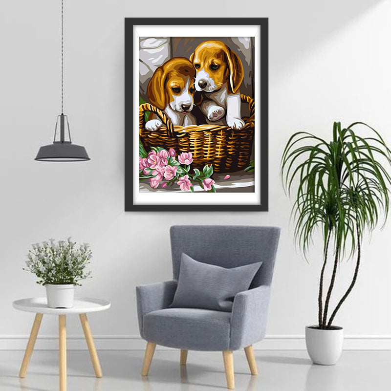 Deux Chiens Beagle au Panier Broderie Diamant
