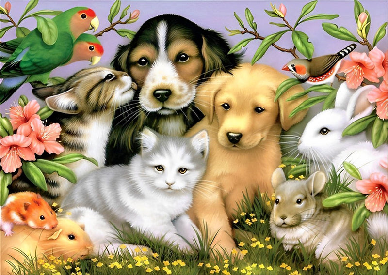 Deux Chiots et Autres Animaux Broderie Diamant