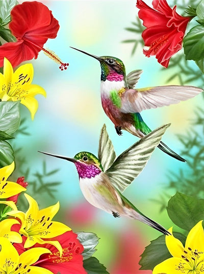 Deux Colibris Volants et Fleurs Rouges et Jaunes Broderie Diamant