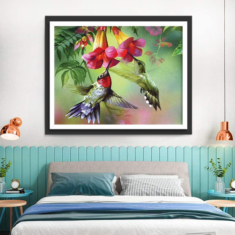 Deux Colibris Volants et Ipomées du Nil Roses Broderie Diamant