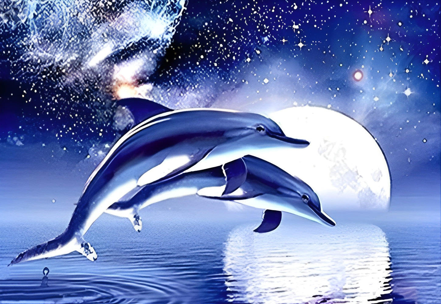 Deux Dauphins et la Nuit Etoilée avec la Lune Claire Broderie Diamant
