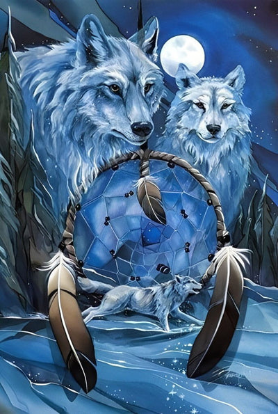 Deux Loups de Neige et Capteur de Rêves Broderie Diamant