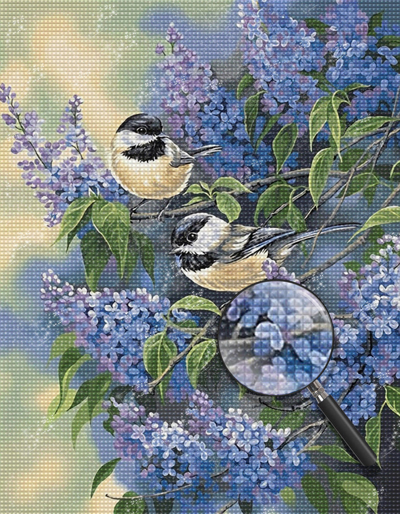 Deux Mésanges et Lilas Violet Broderie Diamant