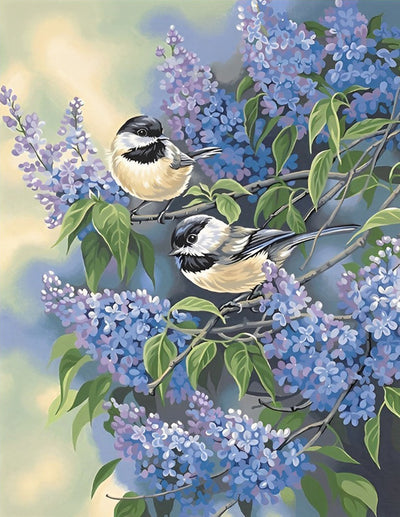Deux Mésanges et Lilas Violet Broderie Diamant
