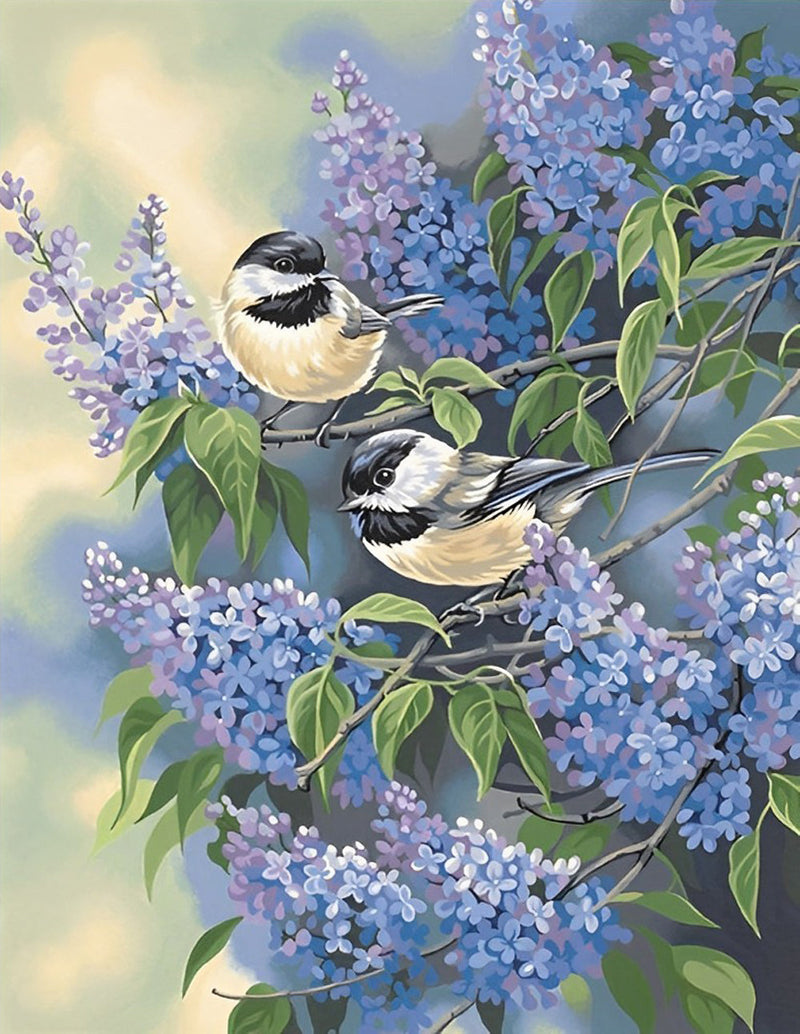 Deux Mésanges et Lilas Violet Broderie Diamant